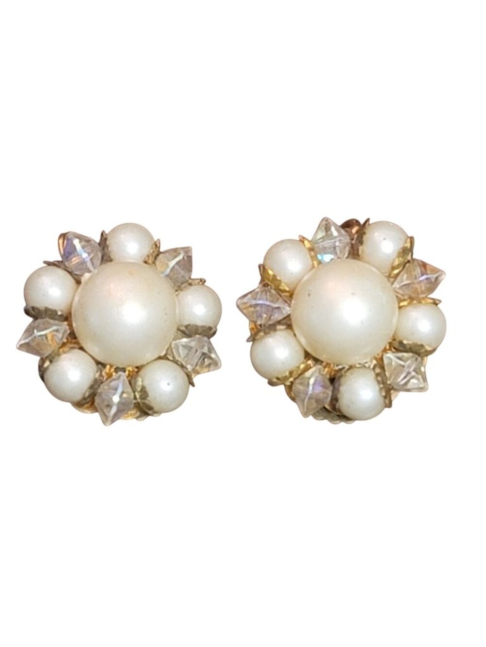 Vintage LERU© Clip-On Earrings Faux Pearls Clear Crystals Gold-Tone Signed 1950s